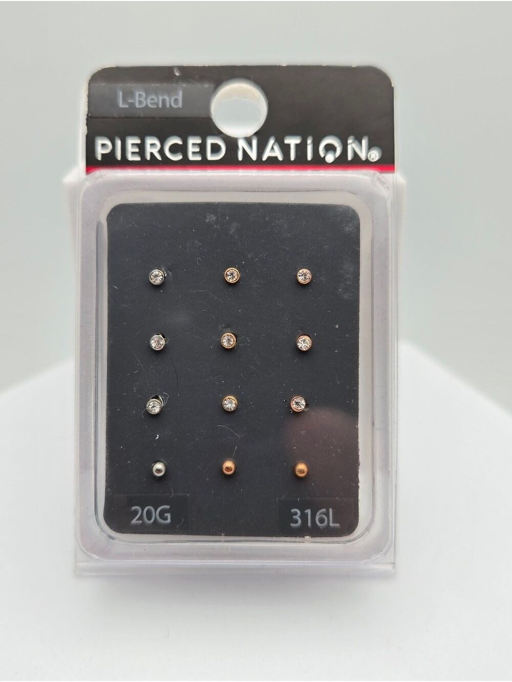 Pierced Nation 316L Surgical Steel L-Bend Nose Stud Set Assorted Gems 20G New